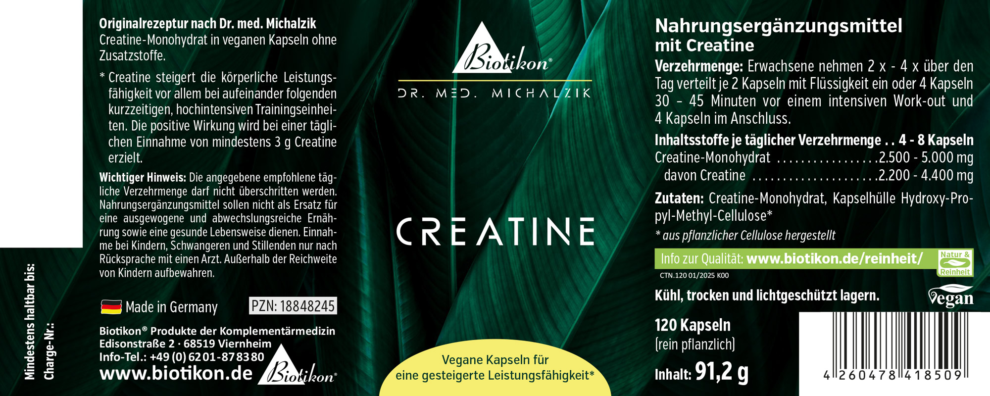 Creatin 120 Kapseln – Nahrungsergänzungsmittel Vegane Kapseln mit Creatine-Monohydrat, 120 Stück, in grüner Verpackung.