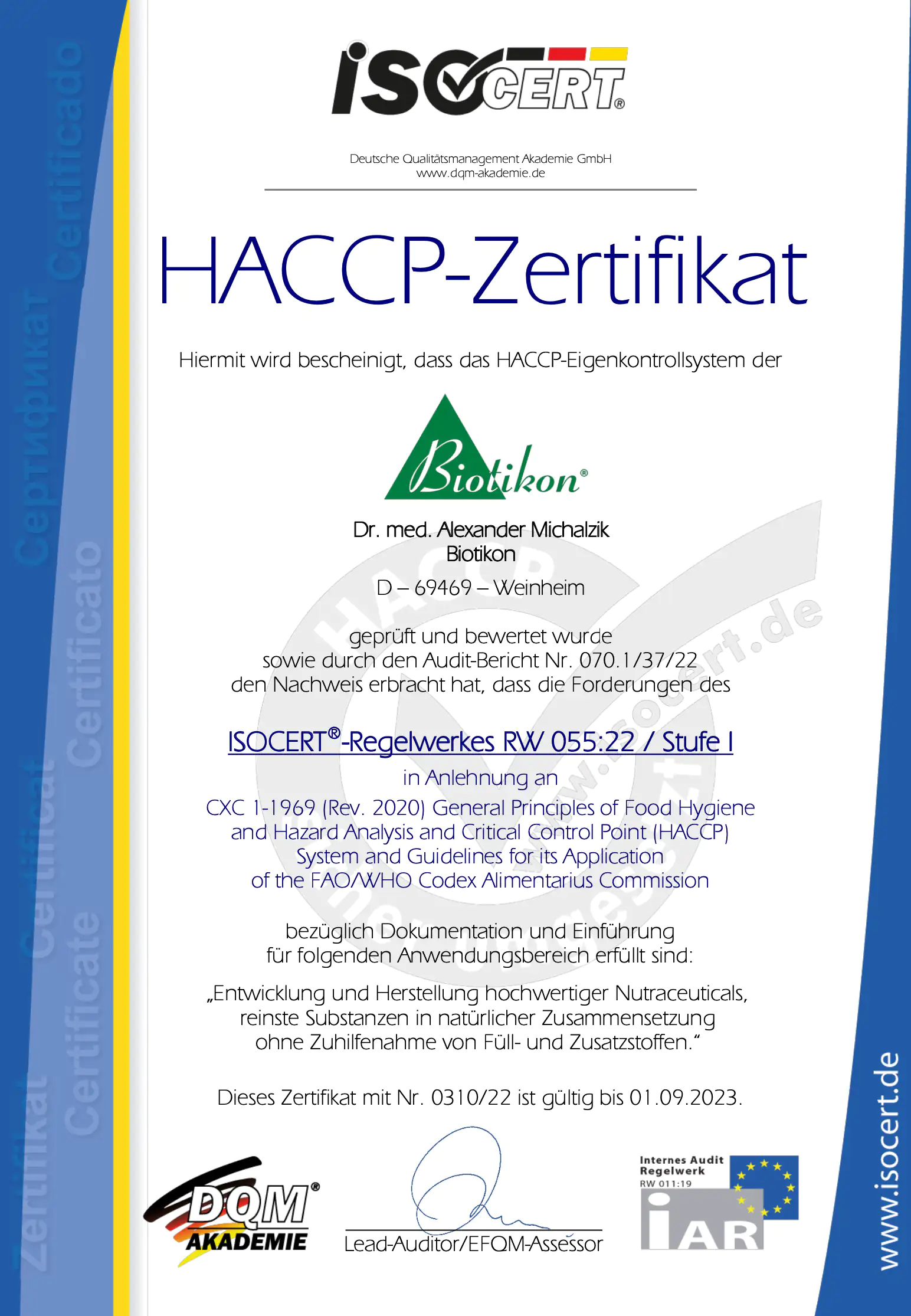 HACCP-Zertifikat – Biotikon HACCP-Zertifikat von Biotikon, Grafik mit Zertifikatsdetails, inklusive Logo, Prüfungshinweisen und Gültigkeitsdatum.