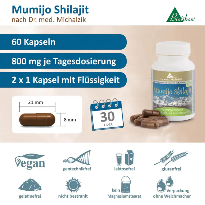 Mumijo Shilajit 800 mg – 60 Kapseln 60 Kapseln Mumijo Shilajit, braune Kapseln, Verpackung mit flüssigen Inhaltsstoffen, 30 Tage. Vegan und glutenfrei.