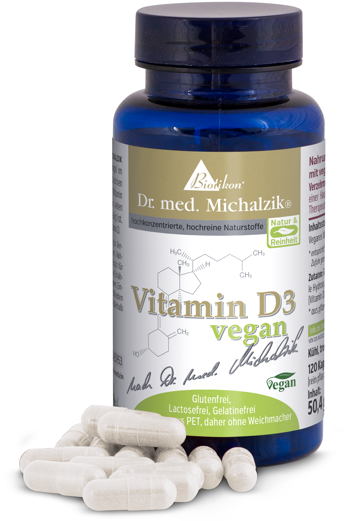 Vitamin D3 120 Kapseln – vegan Blaue Flasche mit Vitamin D3, enthält 120 vegane Kapseln, weiße Kapseln sichtbar, frische und klare Darstellung.