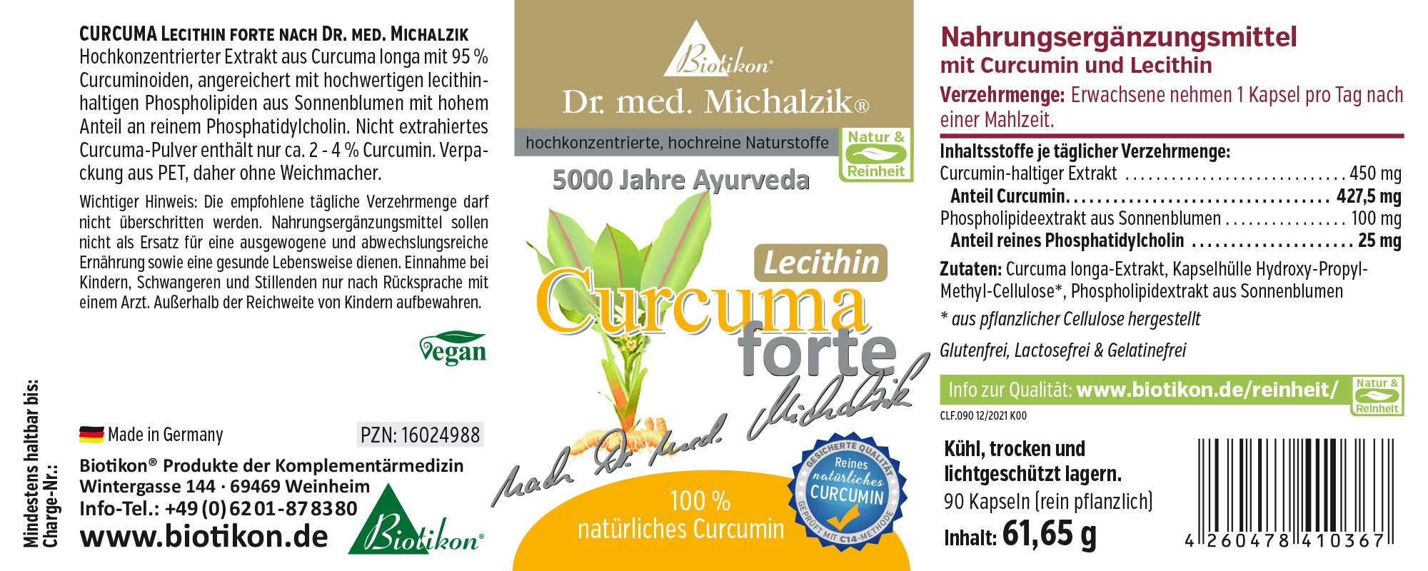 Curcuma Lecithin Forte – 90 Kapseln Nahrungsergänzungsmittel Curcuma Lecithin Forte, 90 pflanzliche Kapseln in einer blauen Verpackung, sichtbar die Wirkstoffe.