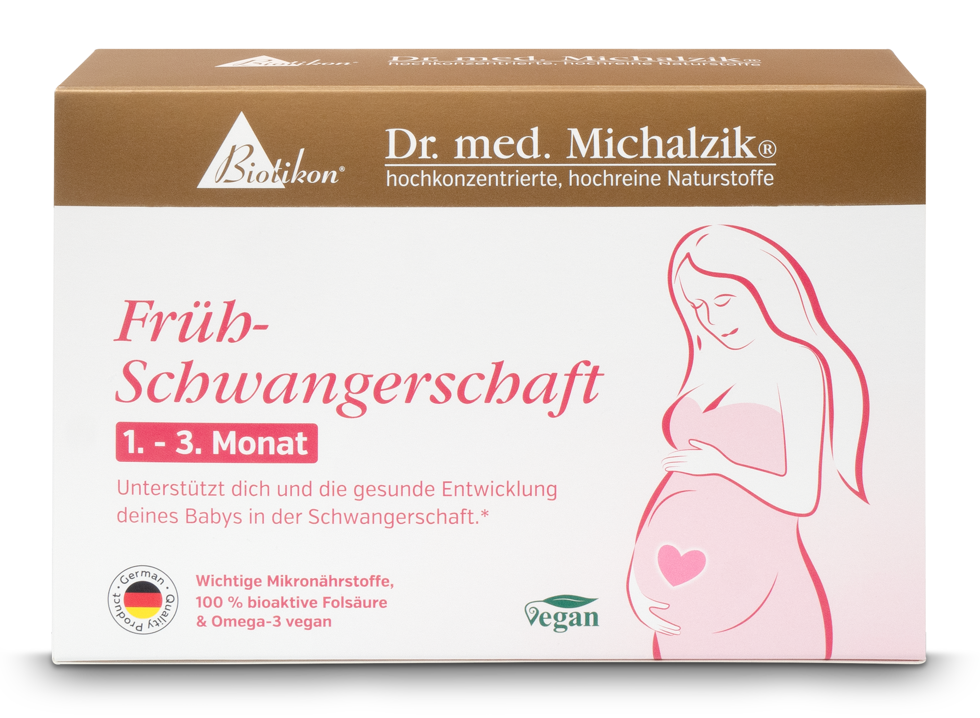 Frühschwangerschaft 1. - 3. Monat – Kapseln Verpackung für Mikronährstoffe während der Frühschwangerschaft, vegan, 30 Kapseln, rosa und beige Farbtöne.