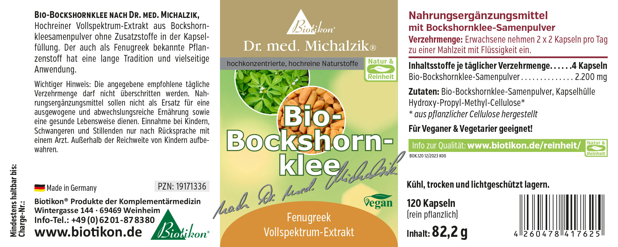 Bio-Bockshornklee 120 Kapseln – Vollspektrum-Extrakt Bio-Bockshornklee, Vollspektrum-Extrakt in Kapseln, 120 Stück, grüne Verpackung, Vorderansicht