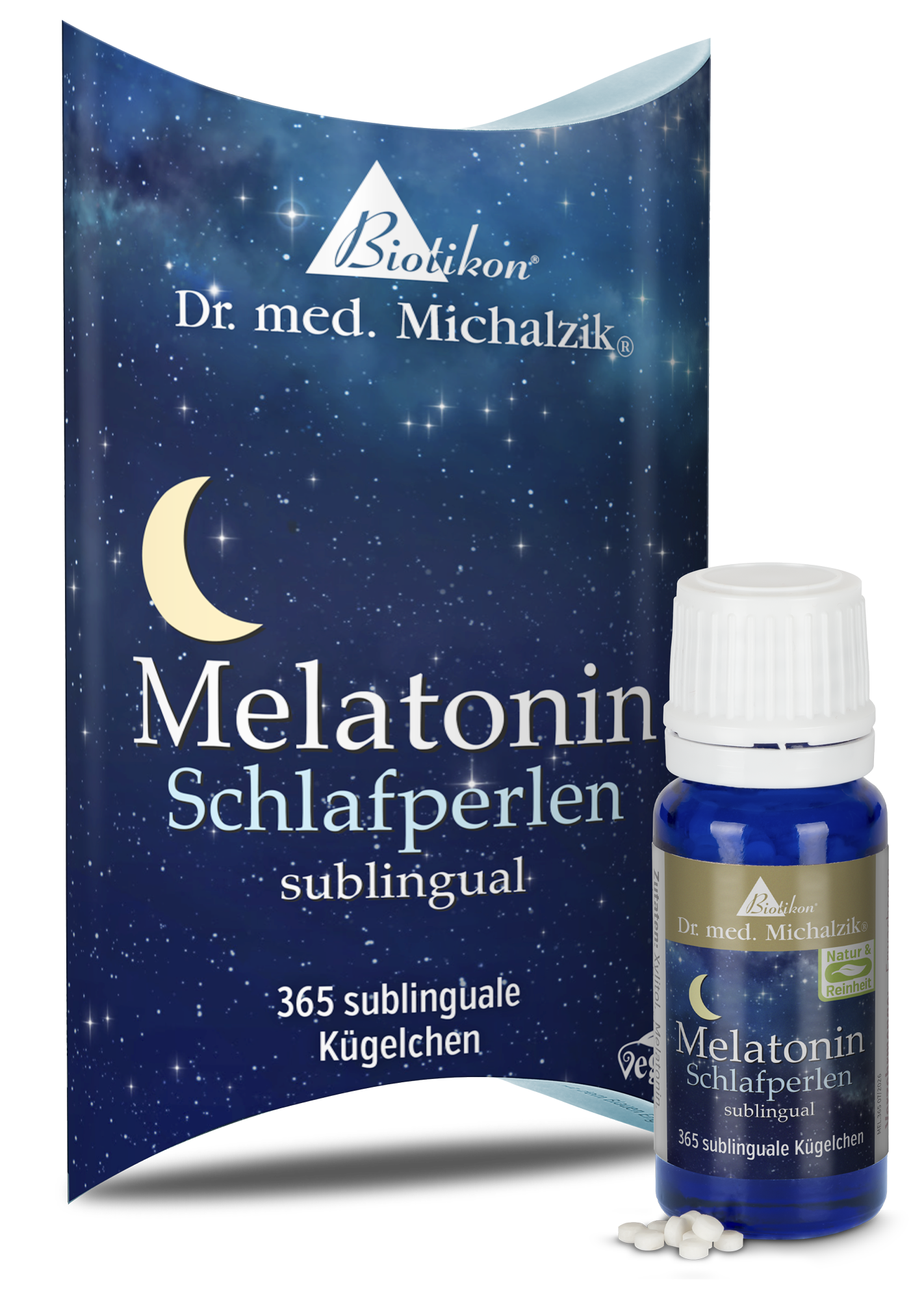 Flasche mit 365 sublingualen Kügelchen in einer dunkelblauen Verpackung.