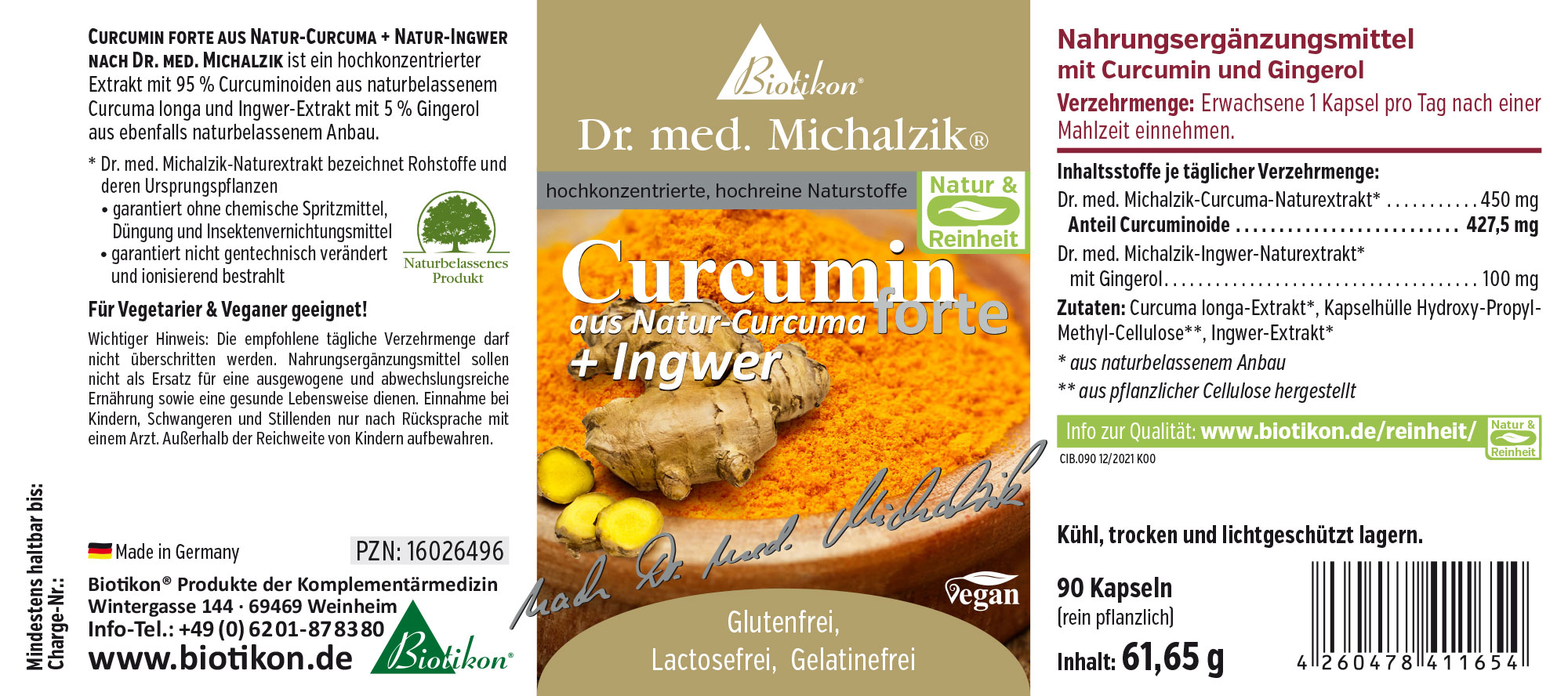 Curcumin forte 450 mg – Kapseln Nahrungsergänzungsmittel Curcumin forte mit Ingwer, 90 Kapseln, rein pflanzlich, gelb-orange Pulver.