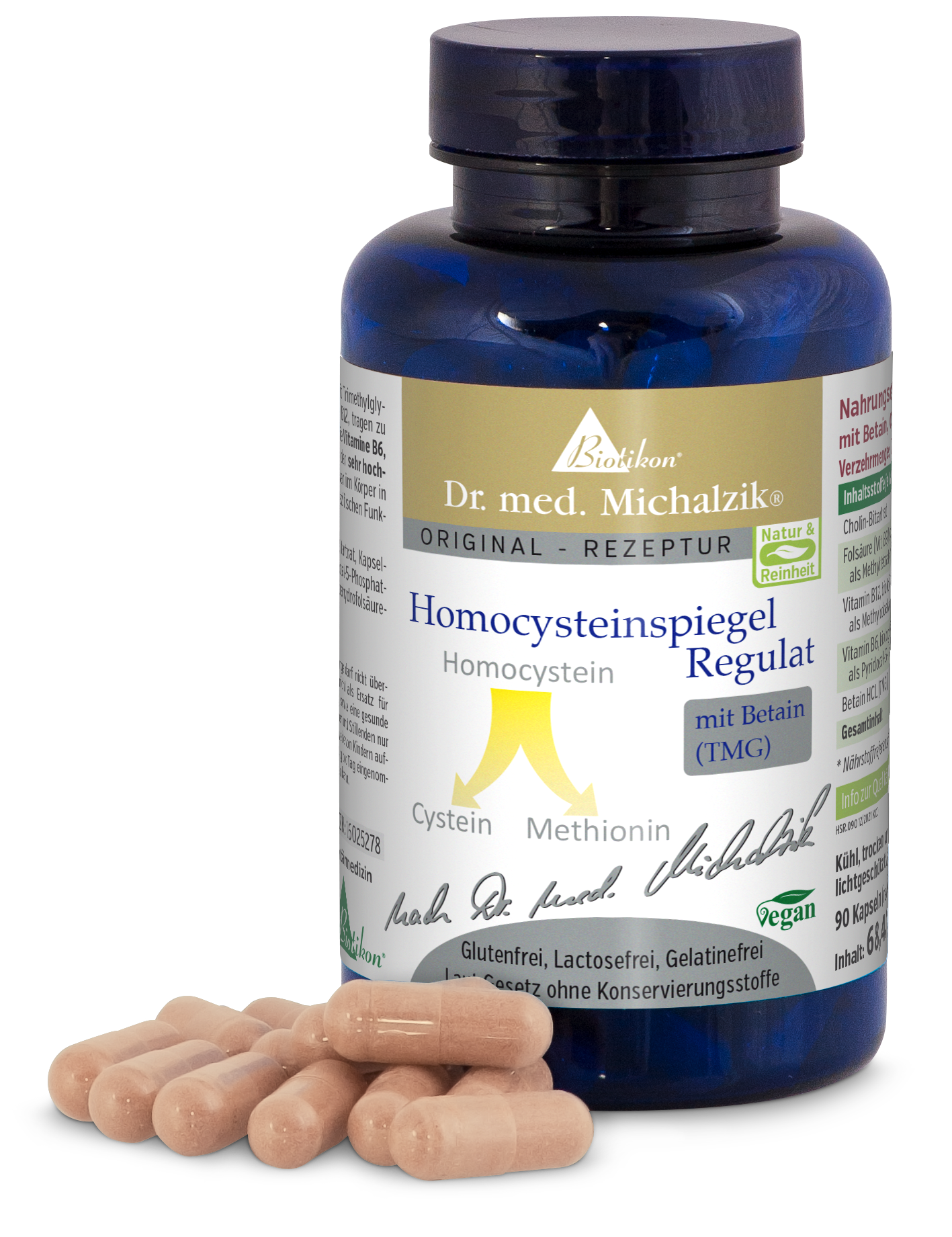 Homocysteinspiegel Regulat – Kapseln 60 Stück Blaues Glasfläschchen mit Kapseln, 60 vegane Kapseln, auf weißem Hintergrund, sichtbare Inhaltsstoffe.