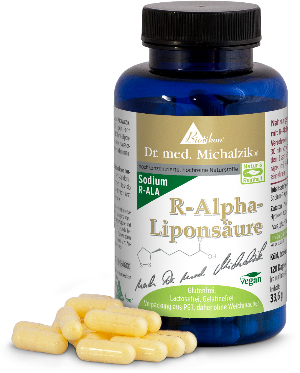 R-Alpha-Liponsäure 120 Kapseln – Sodium Flasche mit R-Alpha-Liponsäure, 120 gelbe Kapseln, Verpackung in blauer PET-Flasche.