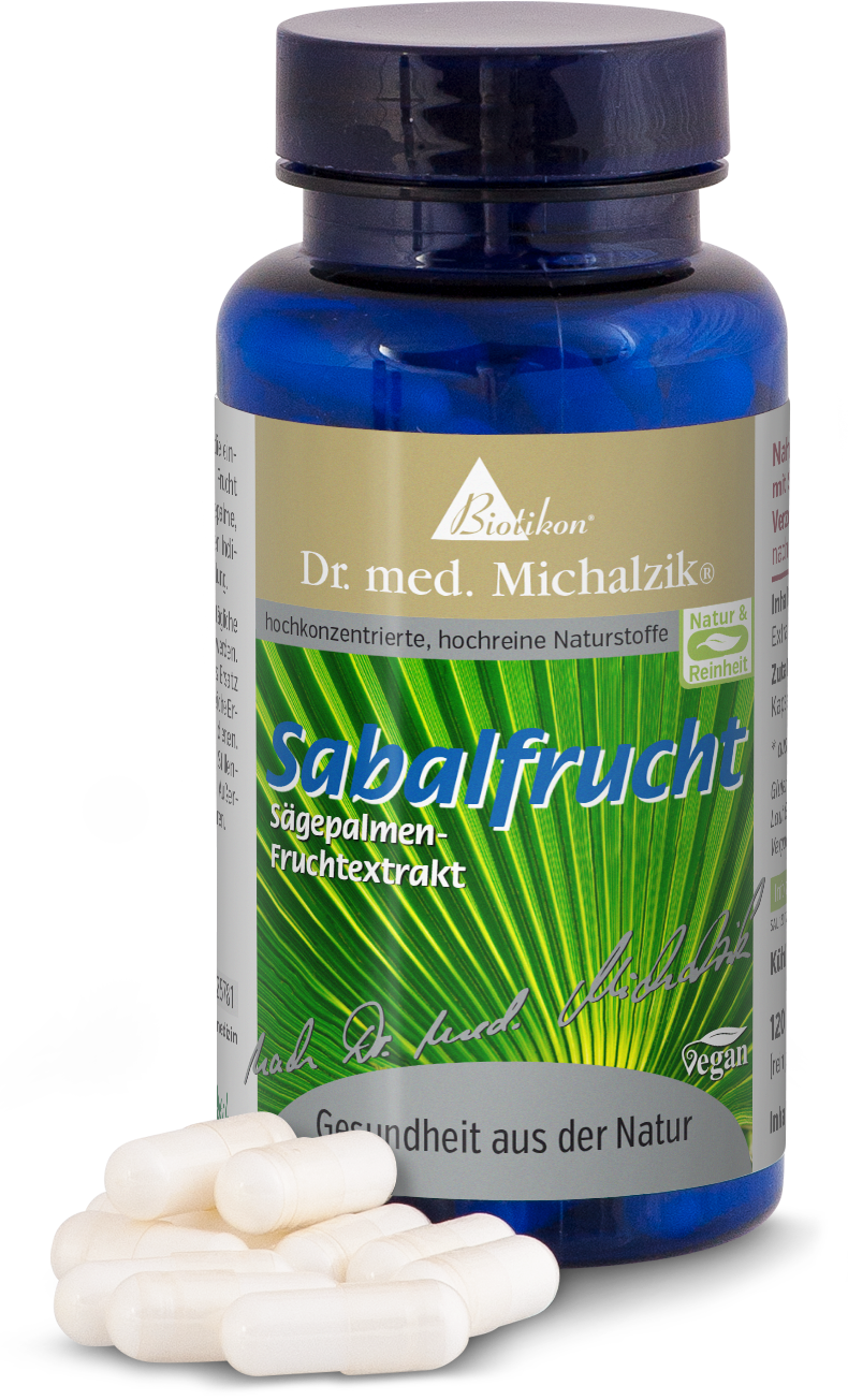 Sabalfrucht – Sägepalmen-Fruchtextrakt Kapseln Flasche mit Sabalfrucht Kapseln, 120 Stück, in blauem Glas, mit weißen Kapseln im Vordergrund.