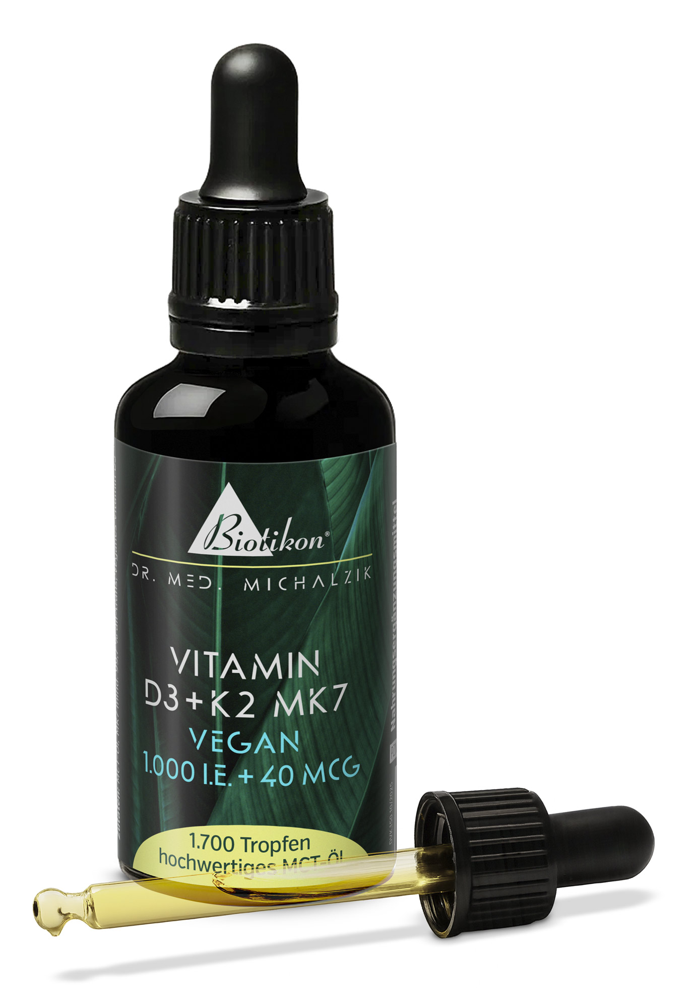 Flasche mit Vitamin D3 und K2 MK7 Tropfen, 1750 Tropfen, MCT-Öl, schwarze Verpackung, Pipette sichtbar.