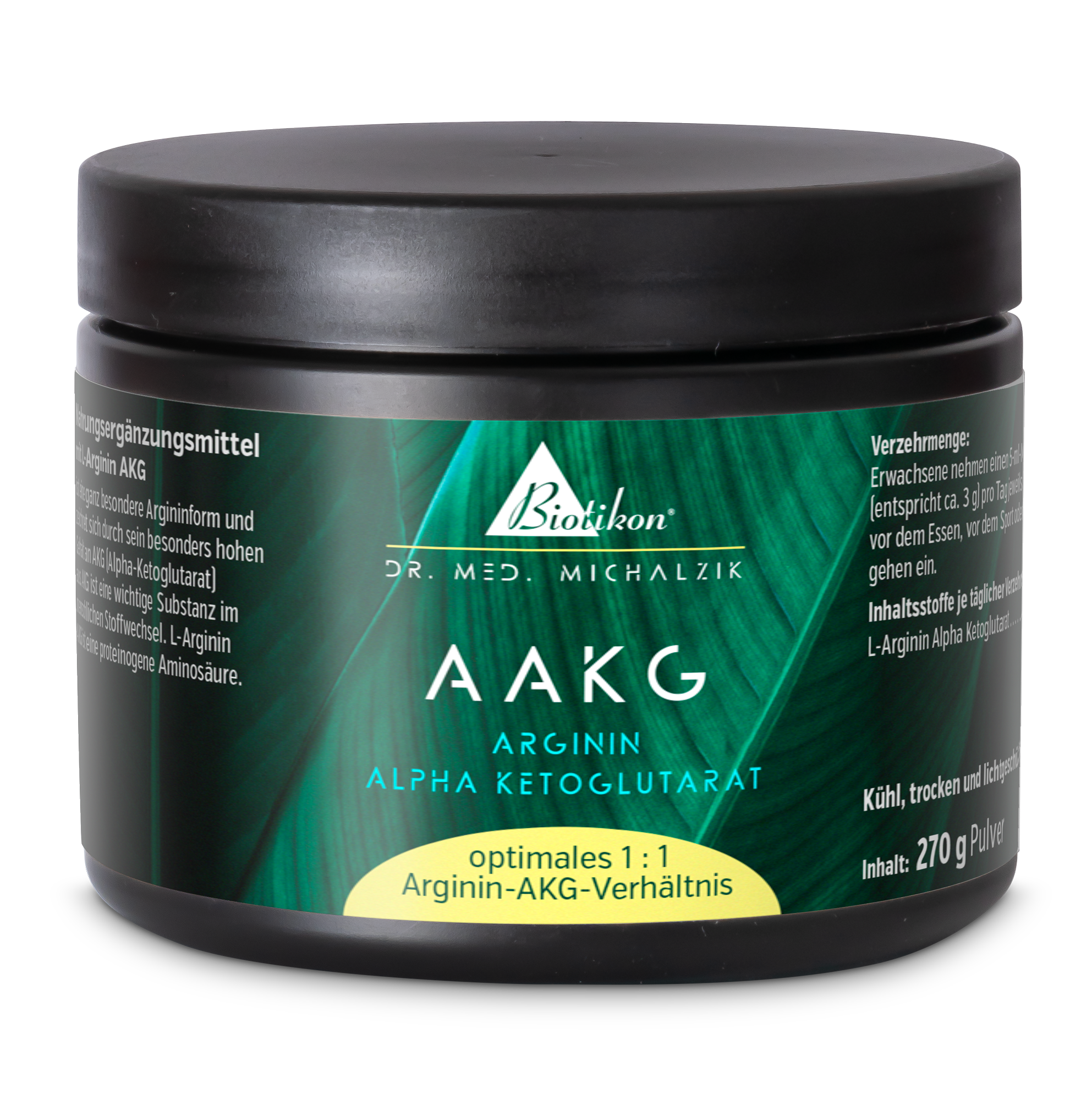 AAKG Arginin Alpha-Ketoglutarat – 270 g Pulver Pulverdose AAKG Arginin Alpha-Ketoglutarat, 270 g, schwarze Verpackung, seitliche Ansicht.