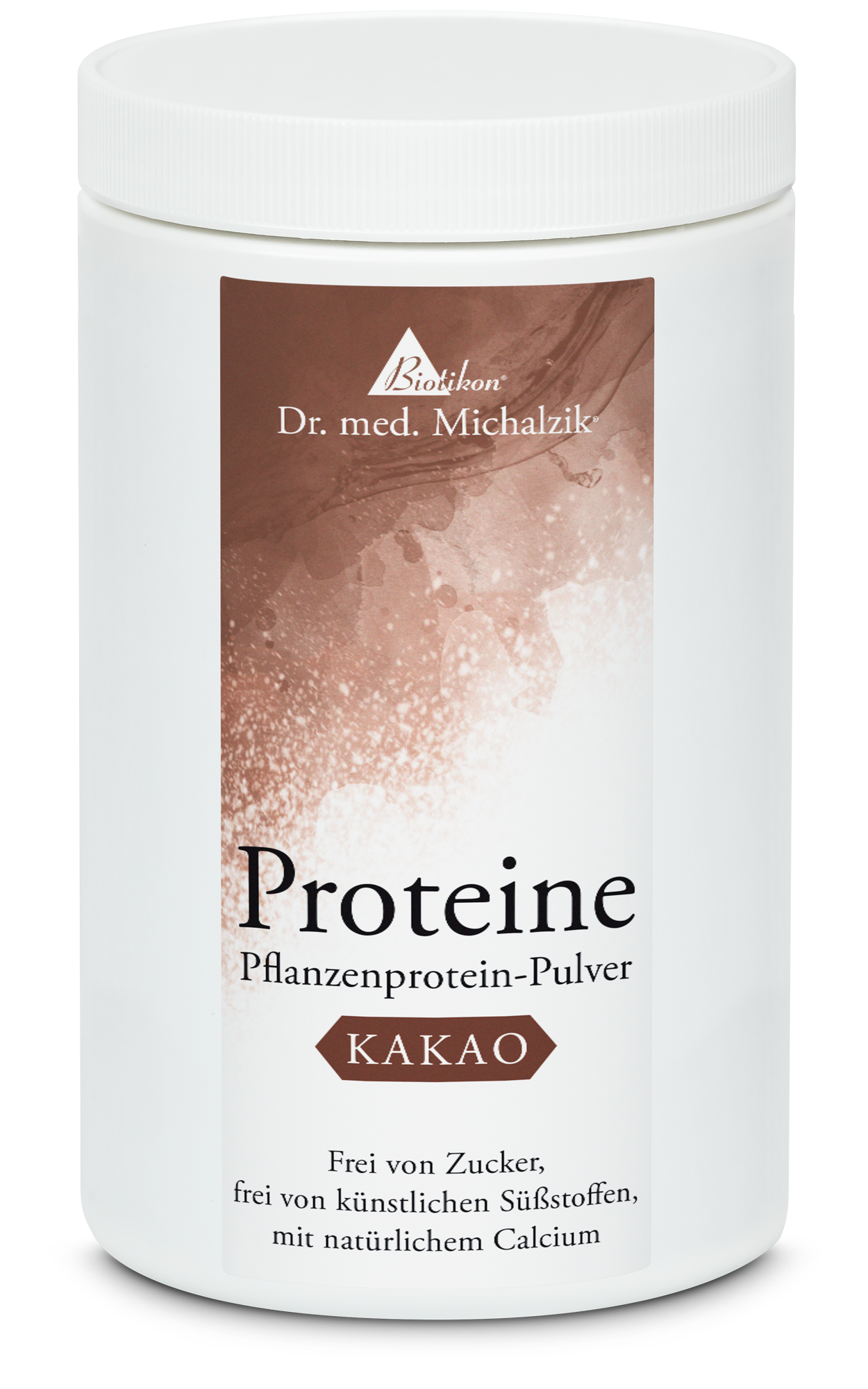 Pflanzenprotein-Pulver Kakaogeschmack – 500 g Weißer Behälter mit Pflanzenprotein-Pulver Geschmack Kakao, 500 g, Vorderansicht.