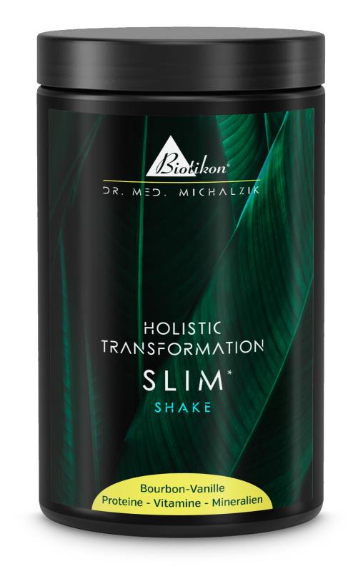 SLIM Shake – Bourbon-Vanille Proteinshake in schwarzer Verpackung mit grünen Blättern, Bourbon-Vanille Geschmack, 500g.