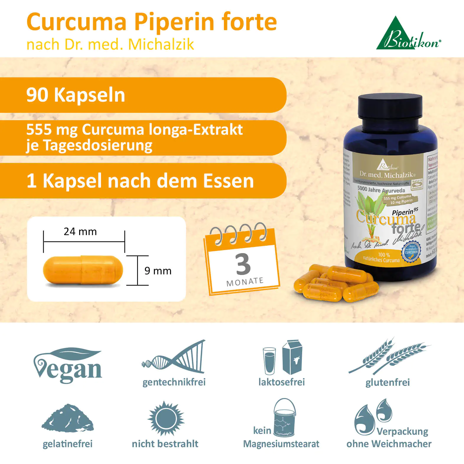 Curcuma Piperin forte – 90 Kapseln Flasche mit 90 gelben Kapseln, 555 mg Curcuma longum, vegan, dunkelblau, seitliche Perspektive.