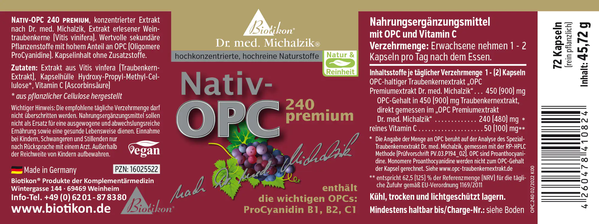 Nativ-OPC 240 mg – Kapseln Nativ-OPC Nahrungsergänzungsmittel, 72 Kapseln, rot-violette Verpackung, aus Traubenextrakt.