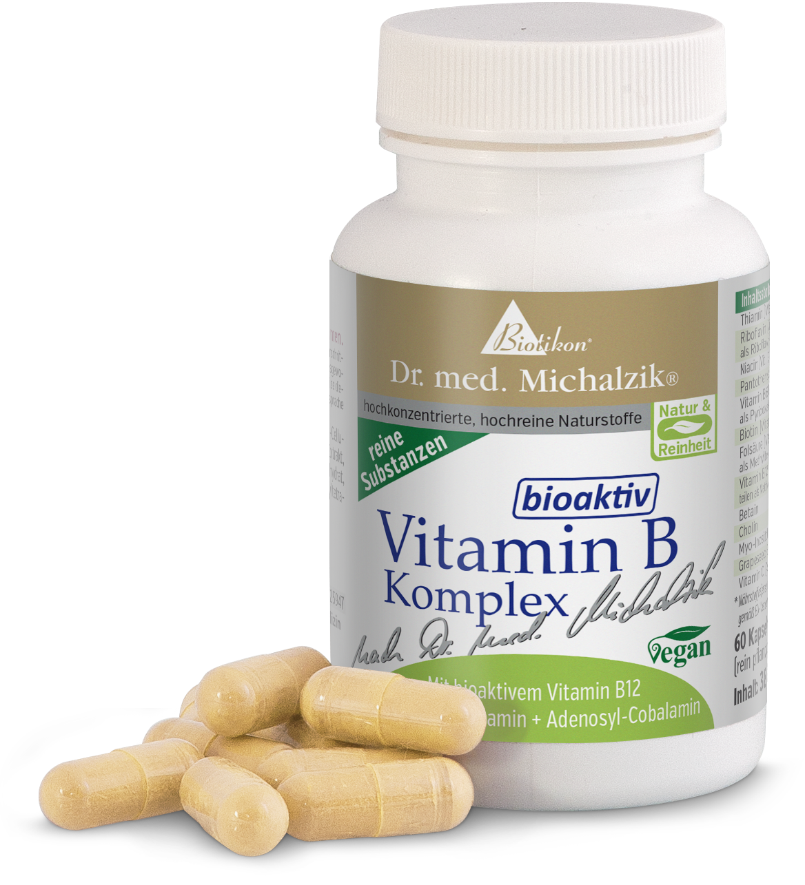 Vitamin B Komplex – 60 Kapseln Flasche mit Vitamin B Komplex, 60 vegane Kapseln in hellbeige, im Vordergrund ein paar Kapseln sichtbar.