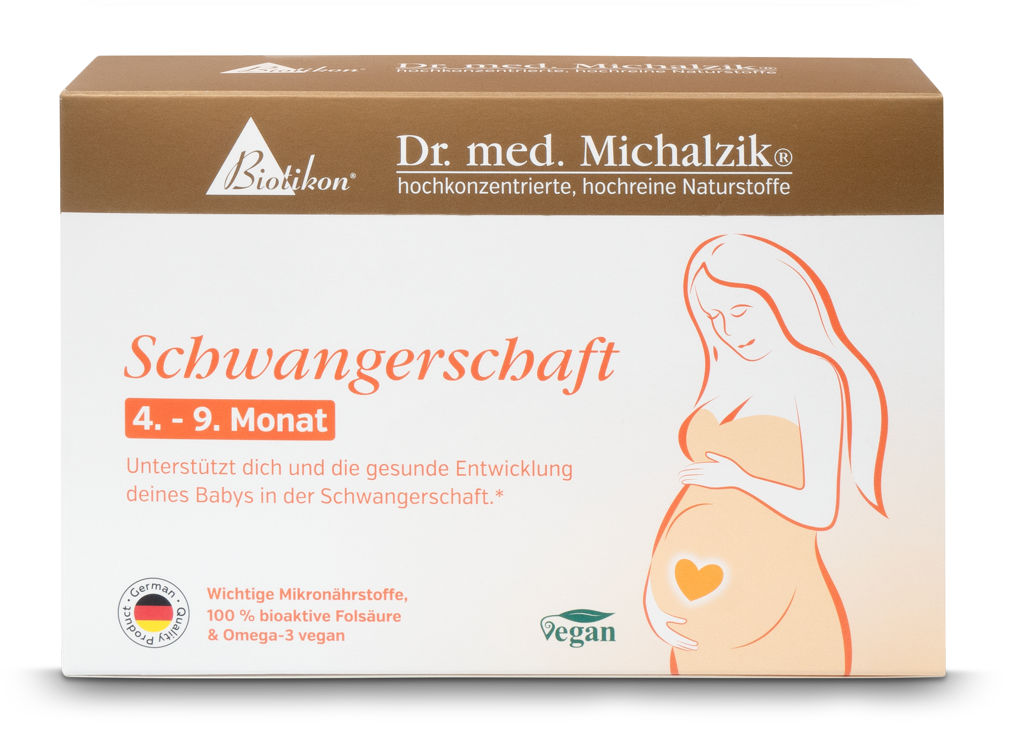 Schwangerschaft 4. - 9. Monat – Kapseln Verpackung für Schwangerschafts-Mikronährstoffe, 4. bis 9. Monat, auf weißem Hintergrund, mit einer schwangeren Frau.