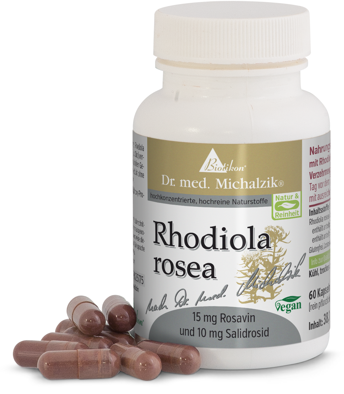 Rhodiola rosea 15 mg – Kapseln Weißer Plastiktiegel mit 60 Kapseln, braun gefärbt. Kapseln liegen teilweise auf einer Oberfläche.