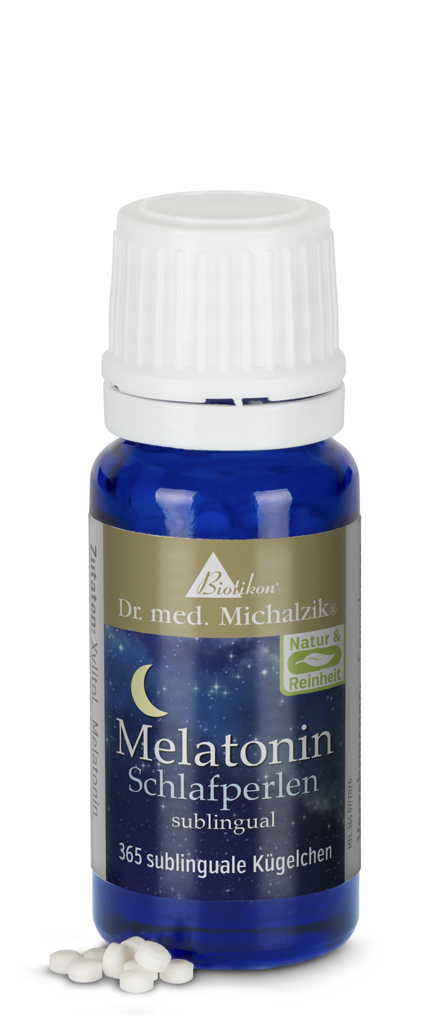 Melatonin sublingual – 365 Kügelchen Flasche mit 365 sublingualen Kügelchen, Weiß, Sicht auf die Verpackung.