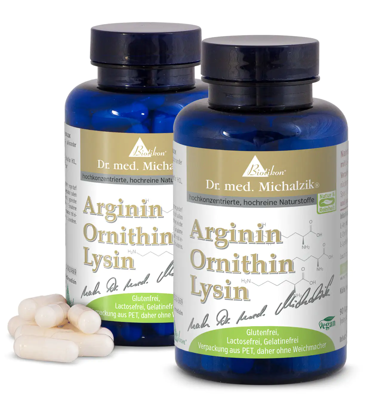 Arginin Ornithin Lysin – 90 Kapseln Zwei blaue Flaschen mit 90 Kapseln Arginin Ornithin Lysin, glutenfrei, in PET-Verpackung.
