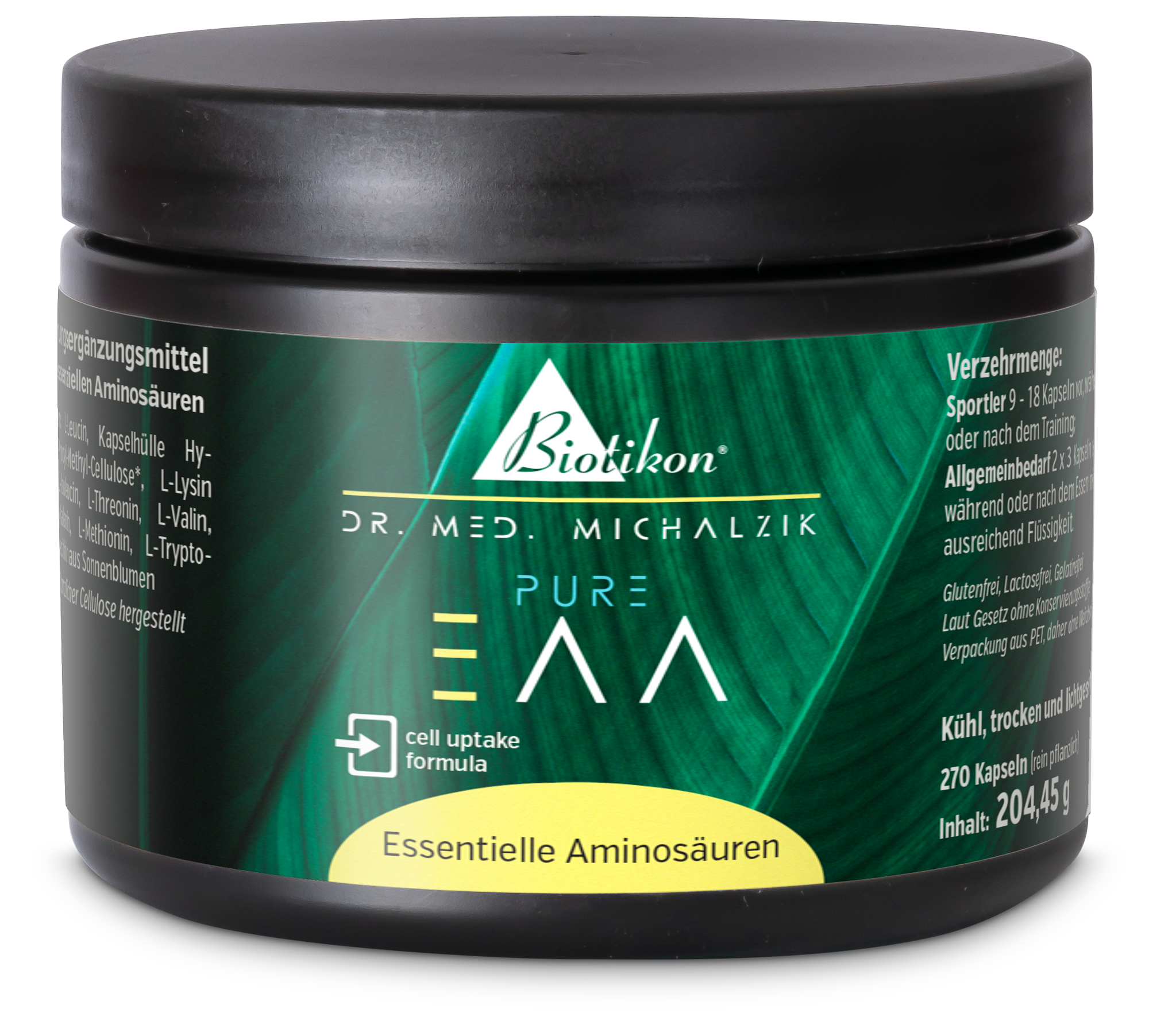 Essentielle Aminosäuren – 270 Kapseln Dose mit 270 Kapseln essentieller Aminosäuren, grüne Verpackung, Vorderansicht.