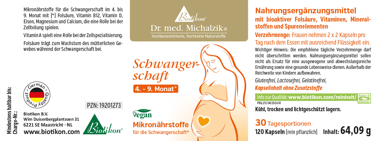 Schwangerschaft Mikronährstoffe – 120 Kapseln Nahrungsergänzungsmittel für schwangere Frauen, 120 Kapseln, Verpackung enthält Folsäure, Vitamine und Mineralstoffe.