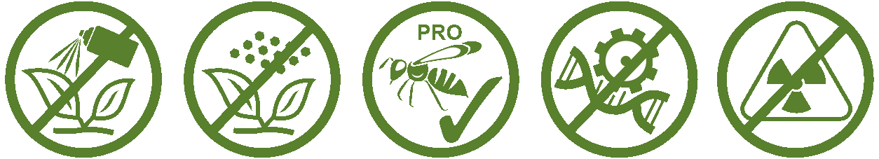 Pflanzenschutzmittel - Naturfreundliche Symbole Fünf grüne Symbole zu pflanzlichen Produkten: kein Spritzen, kein Pestizid, Bienenfreundlichkeit, kein Gentechnik-Einsatz, keine Strahlung.