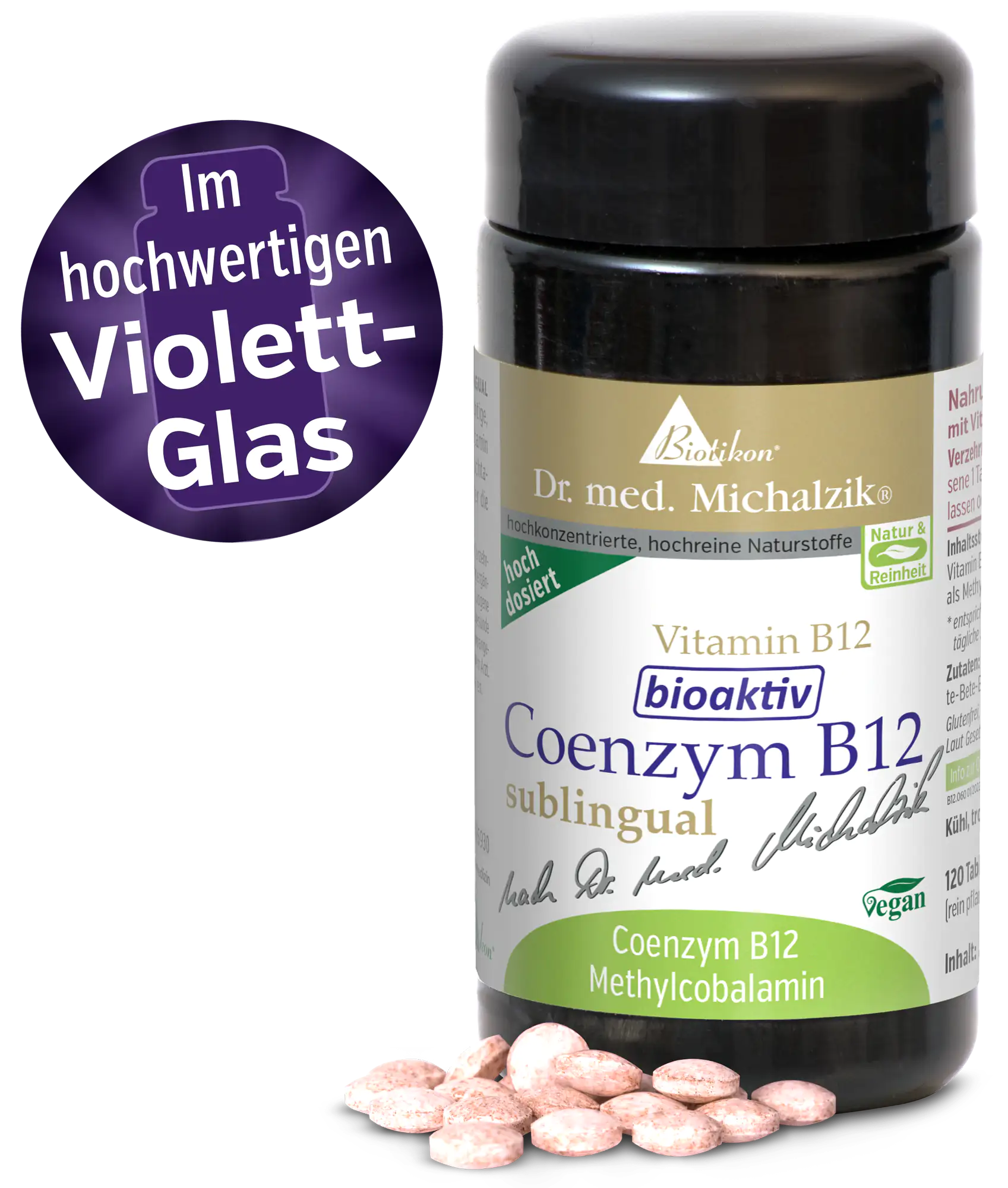Coenzym B12 1000 µg – Sublinguale Tabletten Bioaktives Coenzym B12 in hochdosierter Form, 120 Sublingual-Tabletten, violette Glasverpackung, weiße und rosa Tabletten.