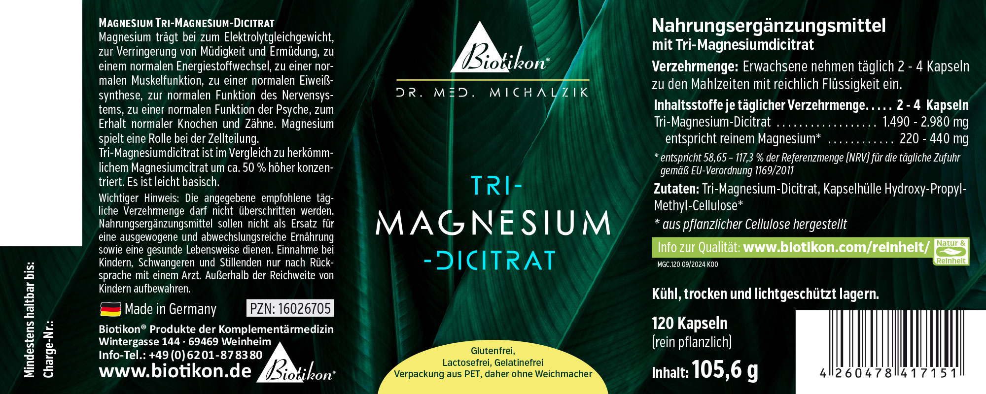 Magnesium Tri-Magnesium-Dicitrat – 120 Kapseln Magnesium Tri-Magnesium-Dicitrat in PET-Verpackung, 120 Kapseln, grüne Etikettierung, Vorderansicht