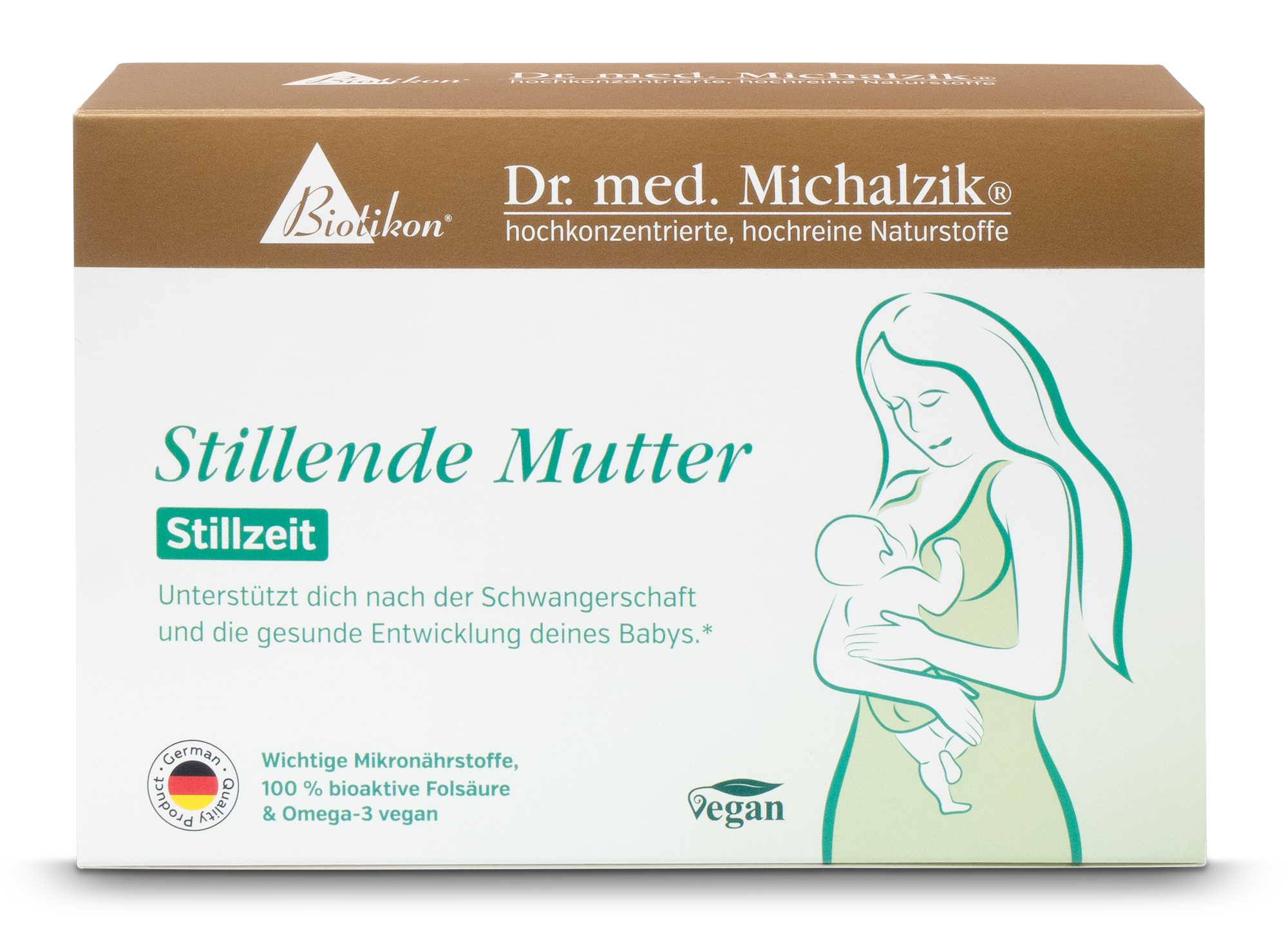 Stillende Mutter – 30 Kapseln Verpackung für Stillende Mutter, 30 vegane Kapseln, grün-weiße Box, Vorderansicht.