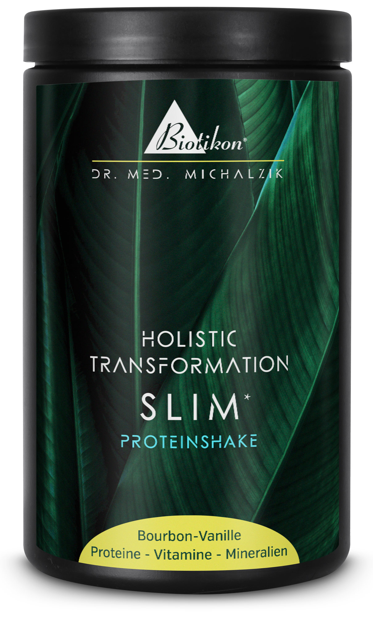 Schwarzer Behälter mit Slim Shake, Bourbon-Vanille Geschmack, Protein, Vitamin und Mineralien, seitliche Perspektive.