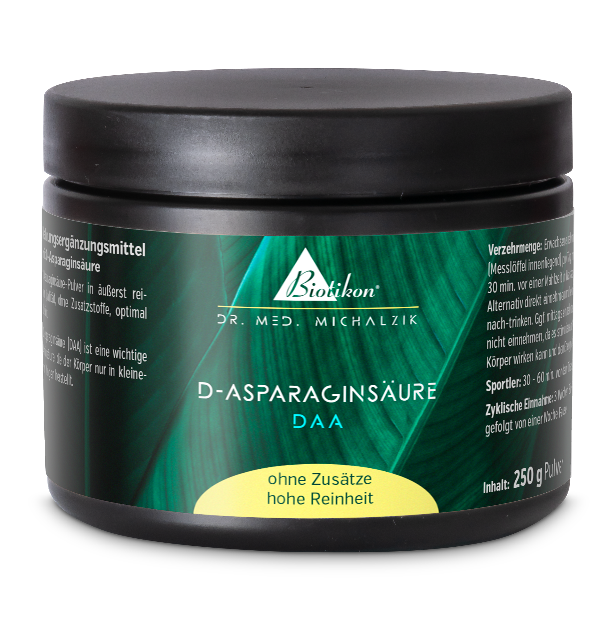 D-Aspartinsäure 250 g – Pulver D-Aspartinsäure Pulver in schwarzer Dose, 250 g, seitliche Ansicht, hohe Reinheit, ohne Zusätze.