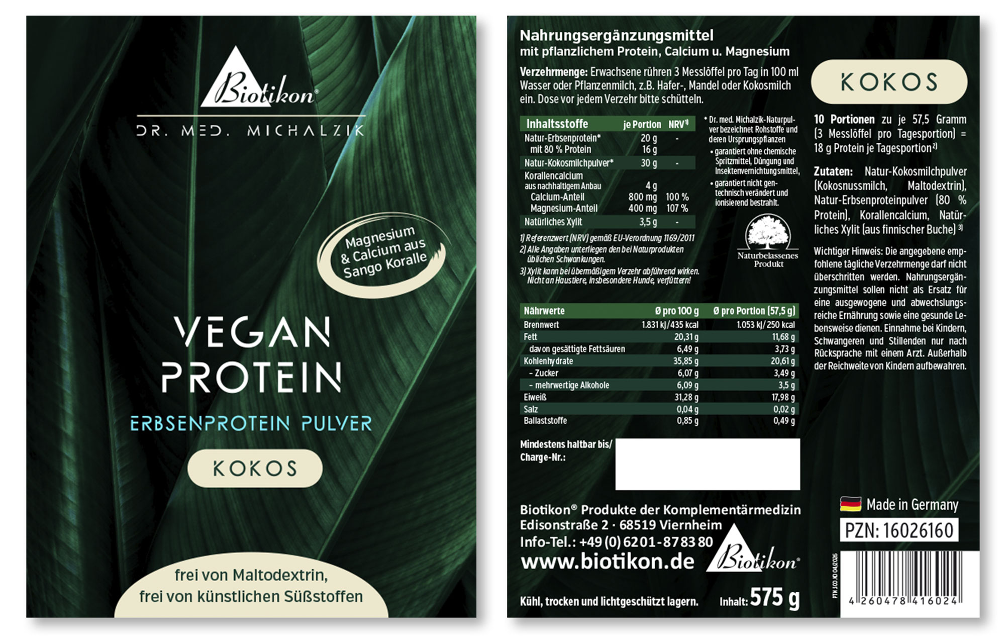 Pflanzenprotein-Pulver Kokos – 575 g Pflanzenprotein-Pulver in einer weißen Verpackung, 575 g, mit Kokosgeschmack, sichtbar sind Nährwerte und Zutaten.