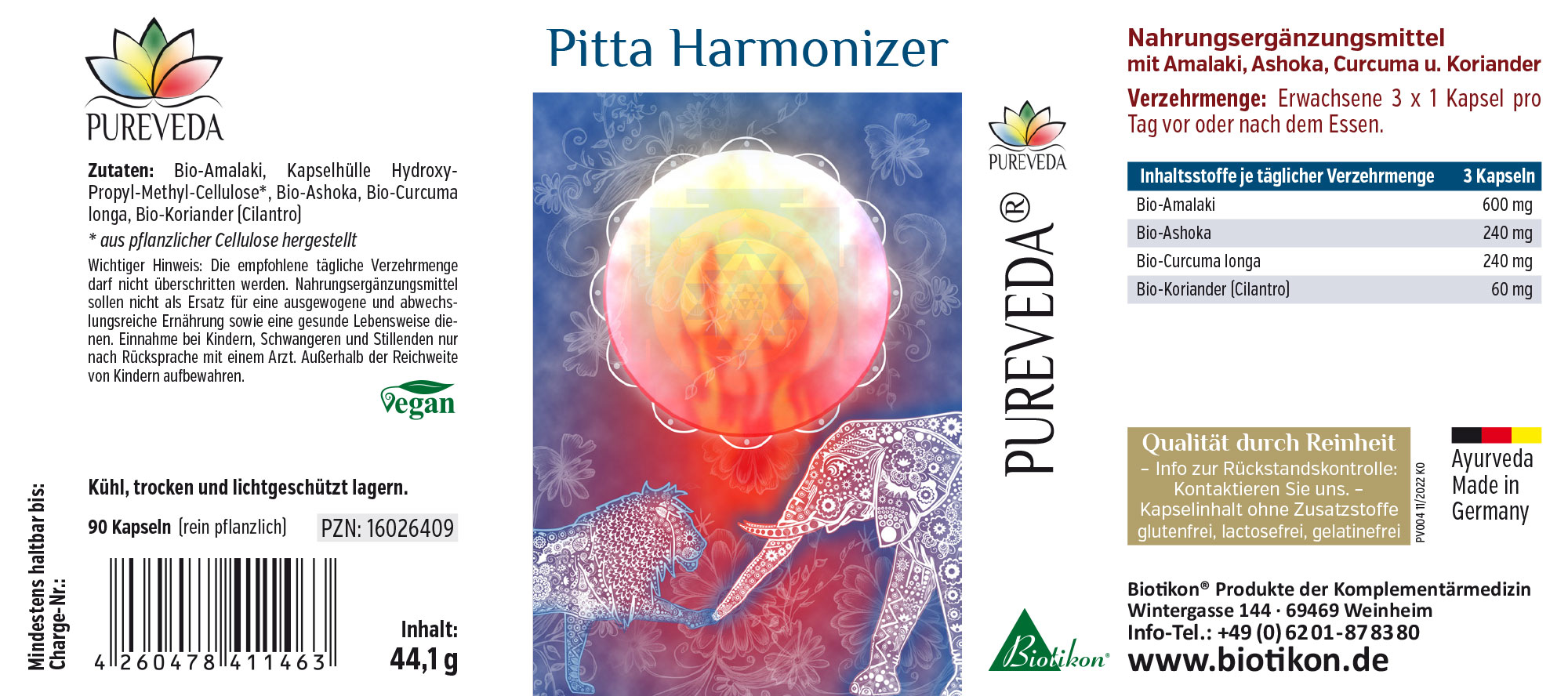 Pitta Harmonizer – 90 Kapseln Nahrungsergänzungsmittel in Kapseln mit Amalaki, Ashoka, Curcuma und Koriander, 90 Kapseln, Verpackung in bunten Farben.