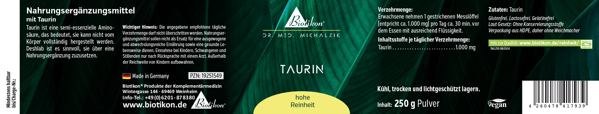 Taurin 1000 mg – Pulver 250 g Nahrungsergänzungsmittel Taurin in Pulverform, 250 g, grüne Verpackung, seitliche Perspektive.