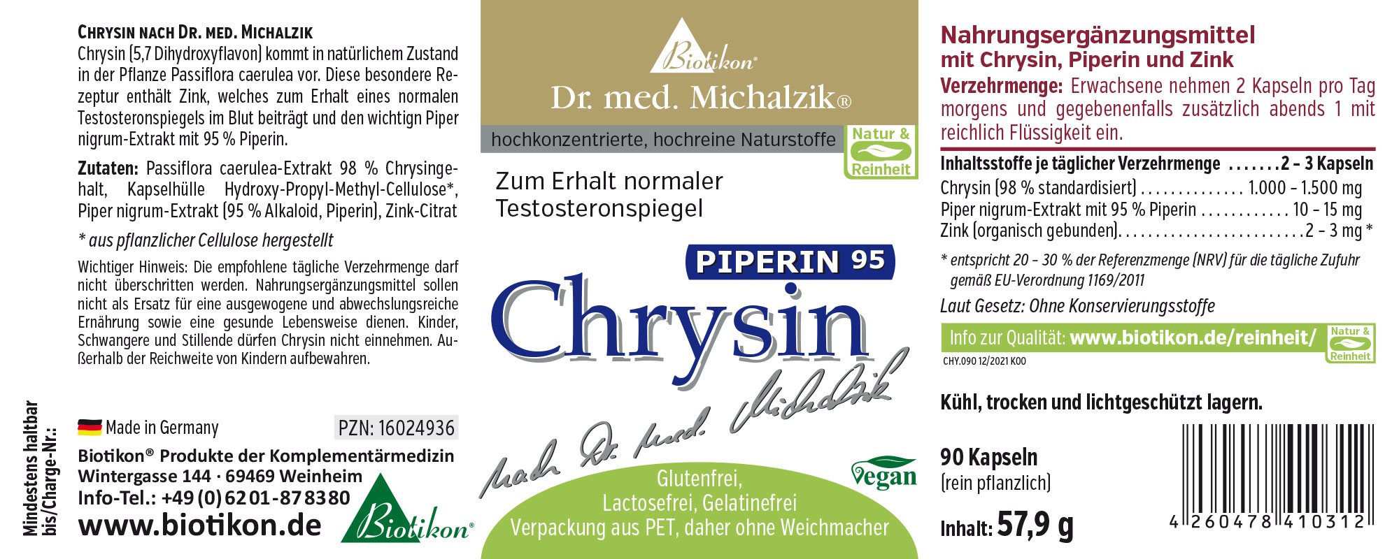 Chrysin 90 Kapseln – mit Piperin und Zink Nahrungsergänzungsmittel Chrysin, 90 Kapseln in PET-Verpackung, farbige Grafiken, detaillierte Inhaltsstoffe.