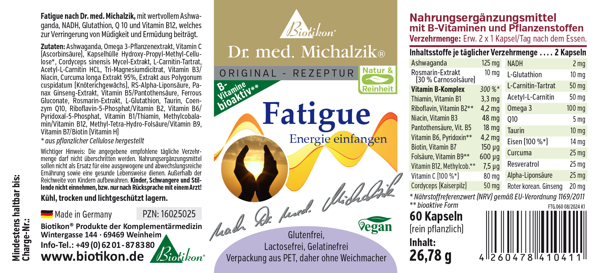 Fatigue Kapseln – 60 Stück Nahrungsergänzungsmittel Fatigue in Kapseln, 60 Kapseln, vegane Verpackung aus PET, farbige Grafiken.