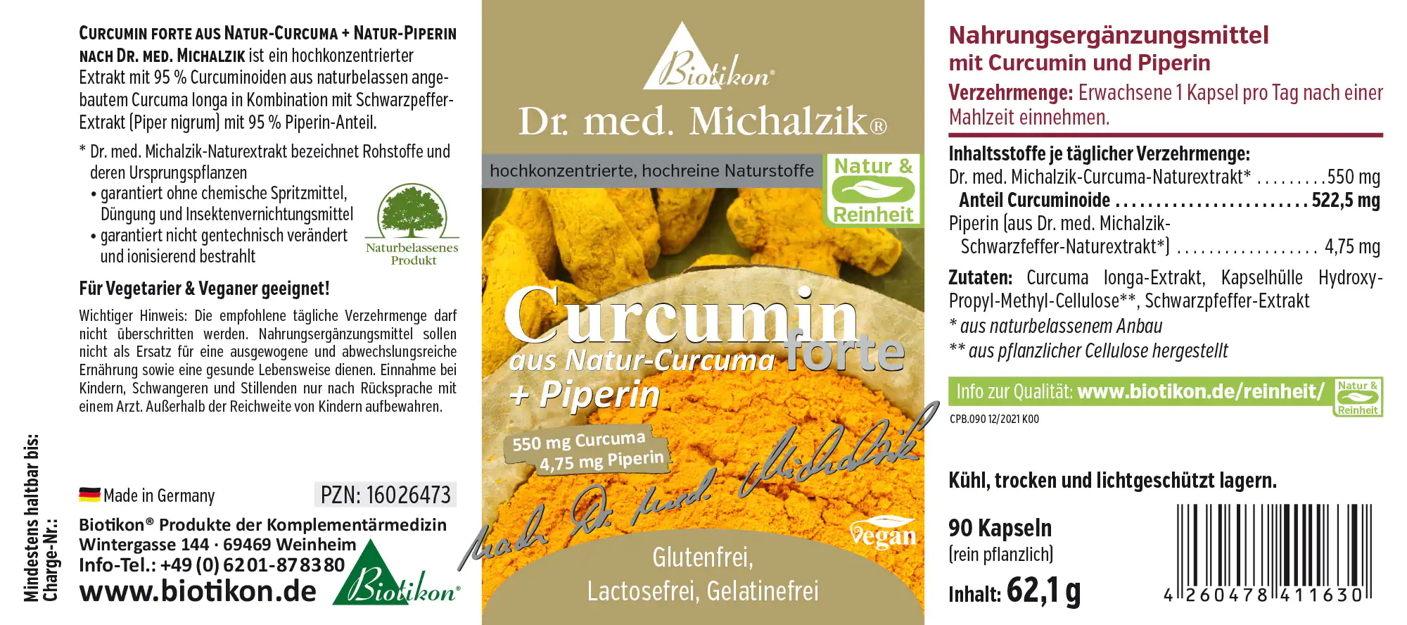 Curcumin forte 550 mg – 90 Kapseln Nahrungsergänzungsmittel Curcumin aus Natur-Curcuma, 90 vegane Kapseln, Gelb-Orangene Verpackung, Sicht von vorne