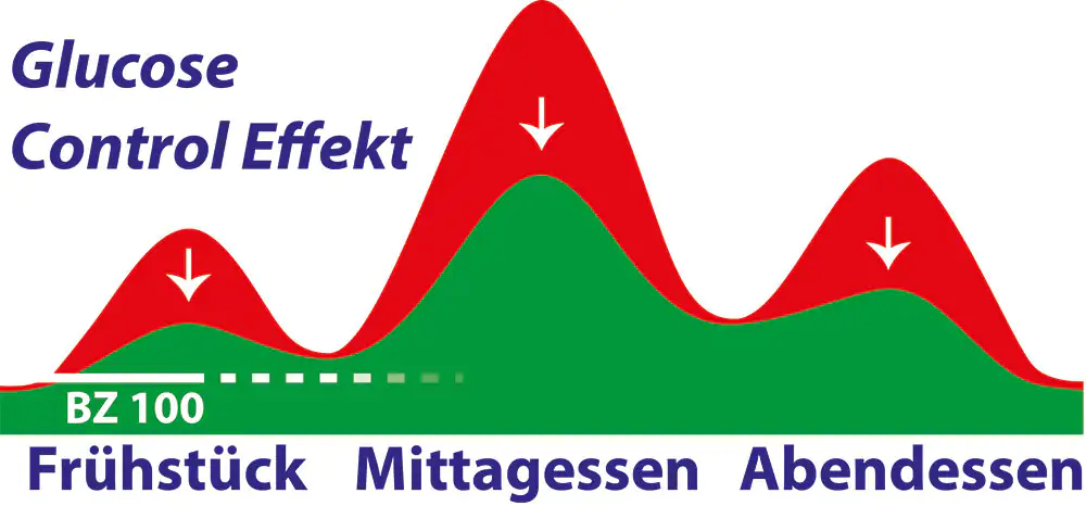 Blutzucker Regulat Glucose-Kontroll-Effekt Grafik Grafik zeigt den Glukose Kontroll Effekt über den Tag, mit Peaks zu den Mahlzeiten.