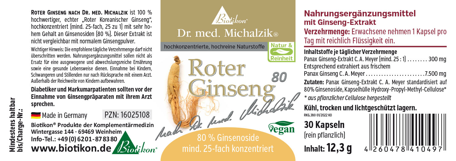 Roter Ginseng 30 Kapseln – hochkonzentriert Roter Ginseng Nahrungsergänzungsmittel, 30 Kapseln, in transparenter Verpackung, pflanzlich.