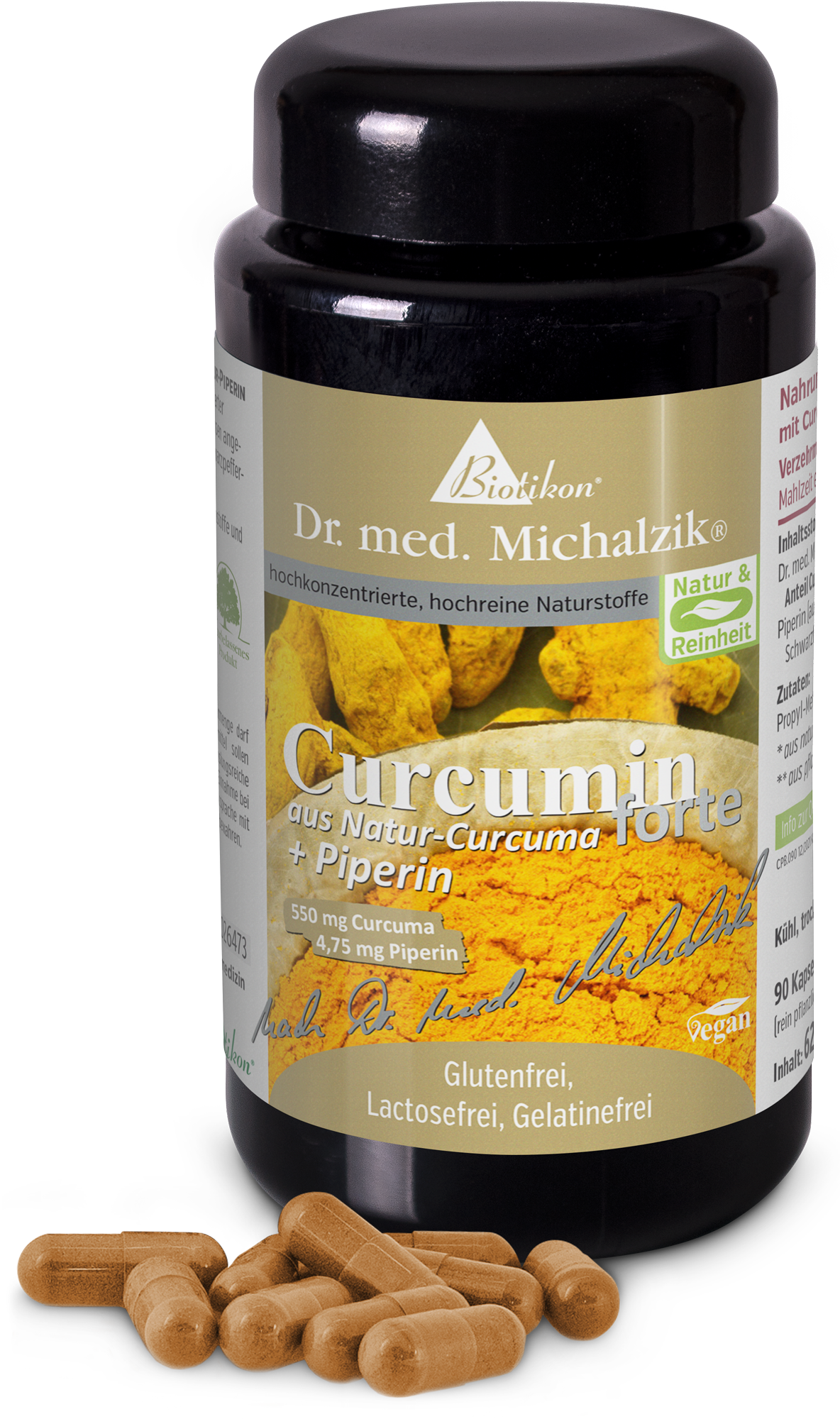 Curcumin 550 mg – Kapseln Glasbehälter mit 90 Kapseln, braun, beschriftet, Kurkuma-Produkt mit Piperin.