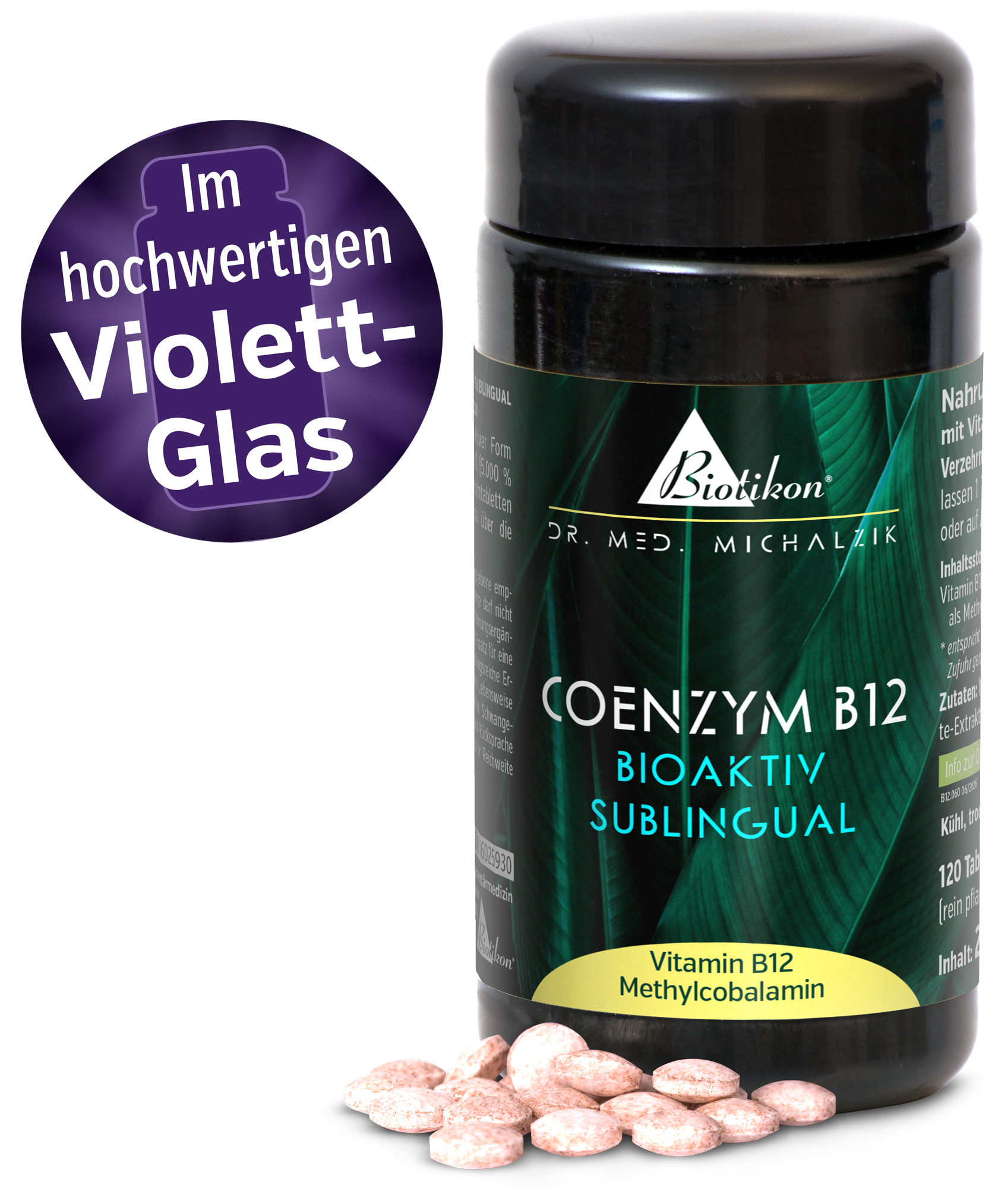 Bioaktives Coenzym B12 in hochdosierter Form, 120 Sublingual-Tabletten, violette Glasverpackung, weiße und rosa Tabletten.