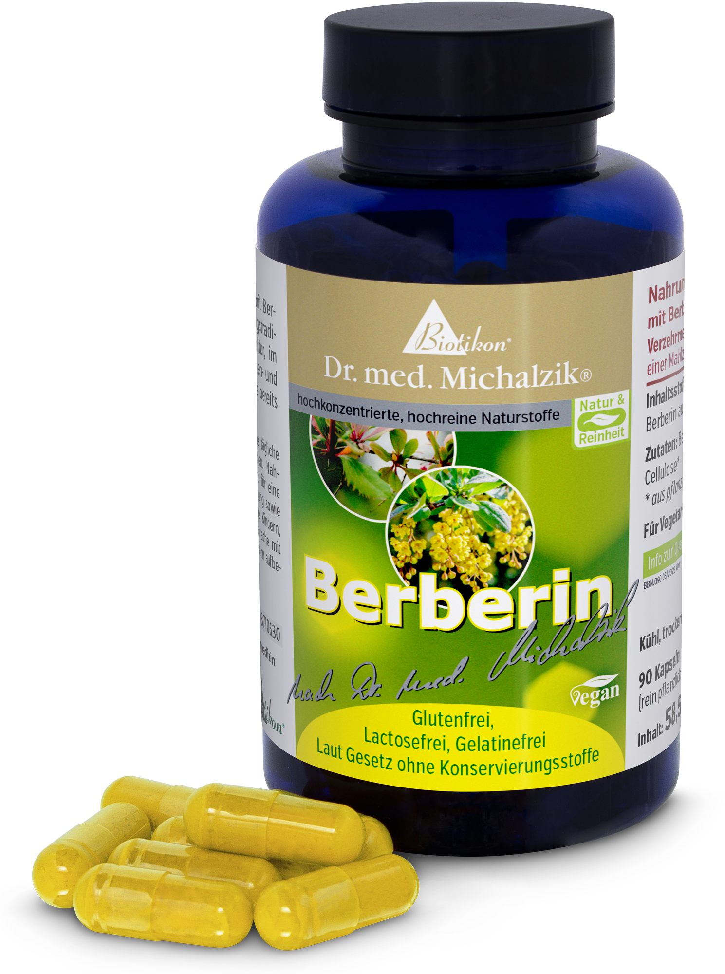 Berberin 90 Kapseln – vegan Berberin Nahrungsergänzungsmittel, 90 gelbe Kapseln in blauer Flasche, seitliche Ansicht.