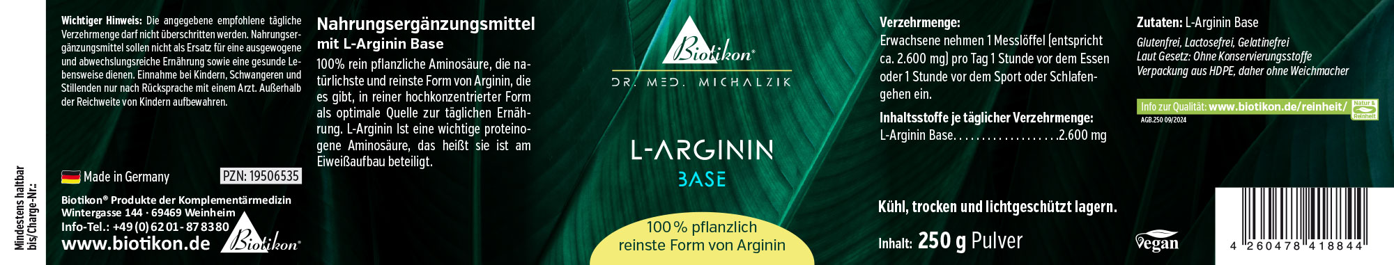 L-Arginin Base 250 g – Pulver L-Arginin Nahrungsergänzungsmittel, 250 g Pulver, grüne Verpackung, seitliche Ansicht.