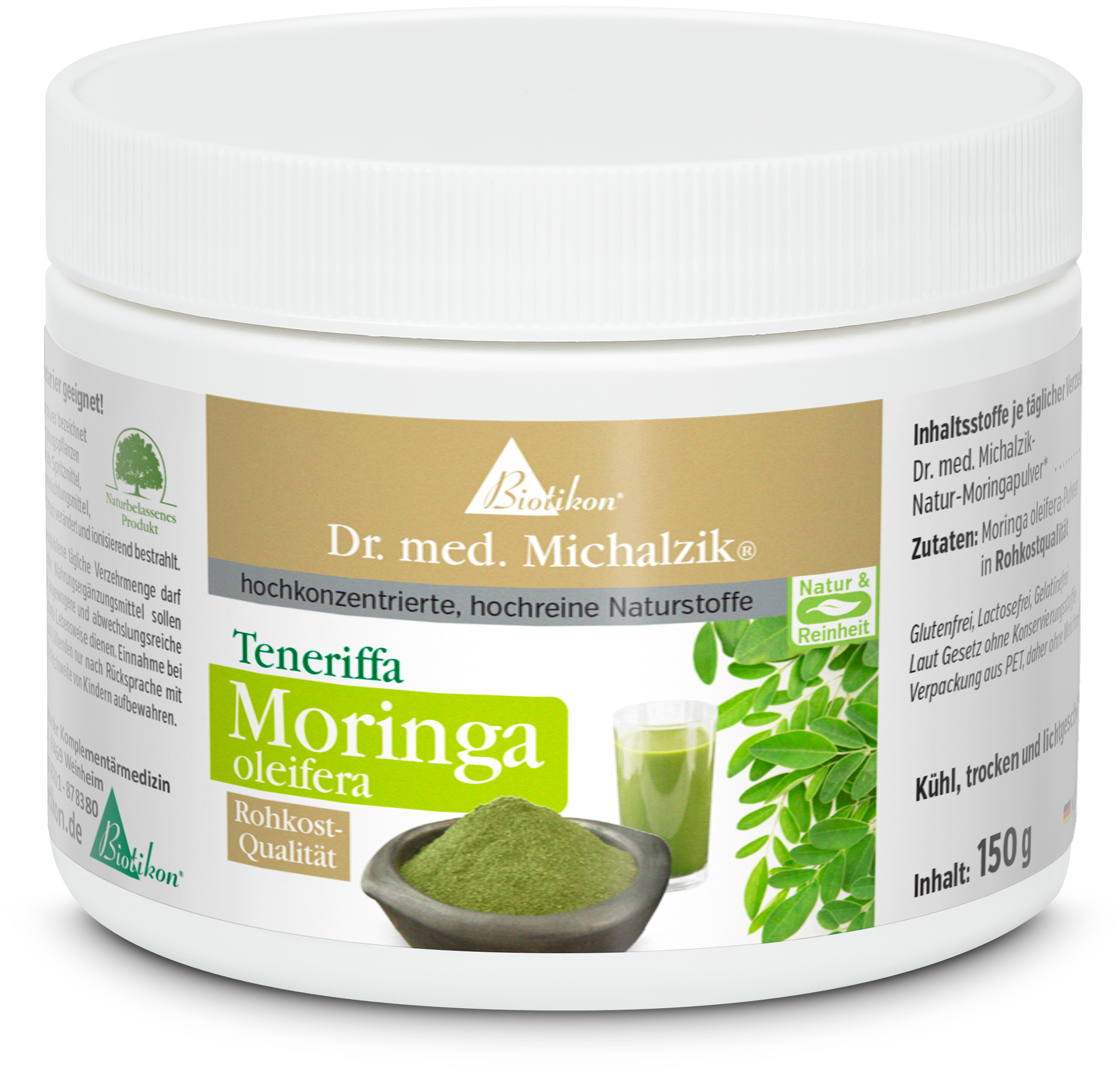 Moringa Oleifera Pulver – 150 g Moringa Oleifera Pulver in einer Weißem Dose, 150 g, mit grünem Aufdruck und Schale, zeigt Pulver und Getränk.