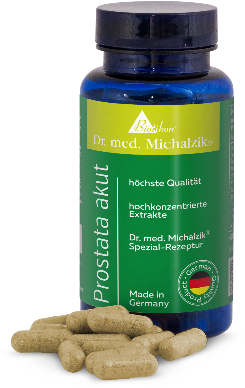 Prostata akut – Kapseln Grüne Kapsel-Behälter mit 60 Kapseln, sichtbar auf einem weißen Untergrund, hochwertig verarbeitet.