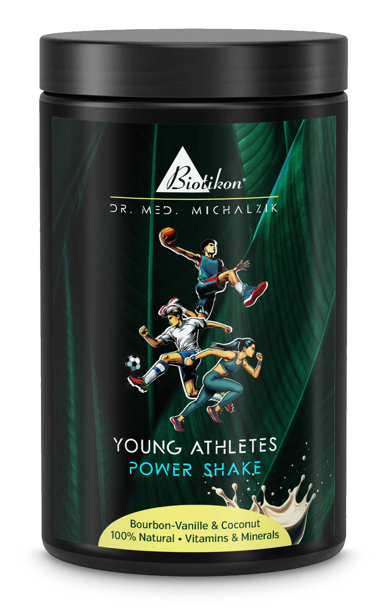 Power Shake für junge Athleten – 400 g Schwarzer Behälter mit Power Shake für junge Athleten, Bourbon-Vanille und Kokosgeschmack, 400 g, mit sportlichen Motiven.