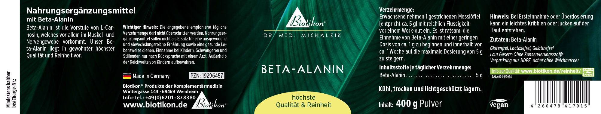 Beta-Alanin 400 g – Pulver Nahrungsergänzungsmittel Beta-Alanin in 400 g Pulververpackung, grünliches Design.