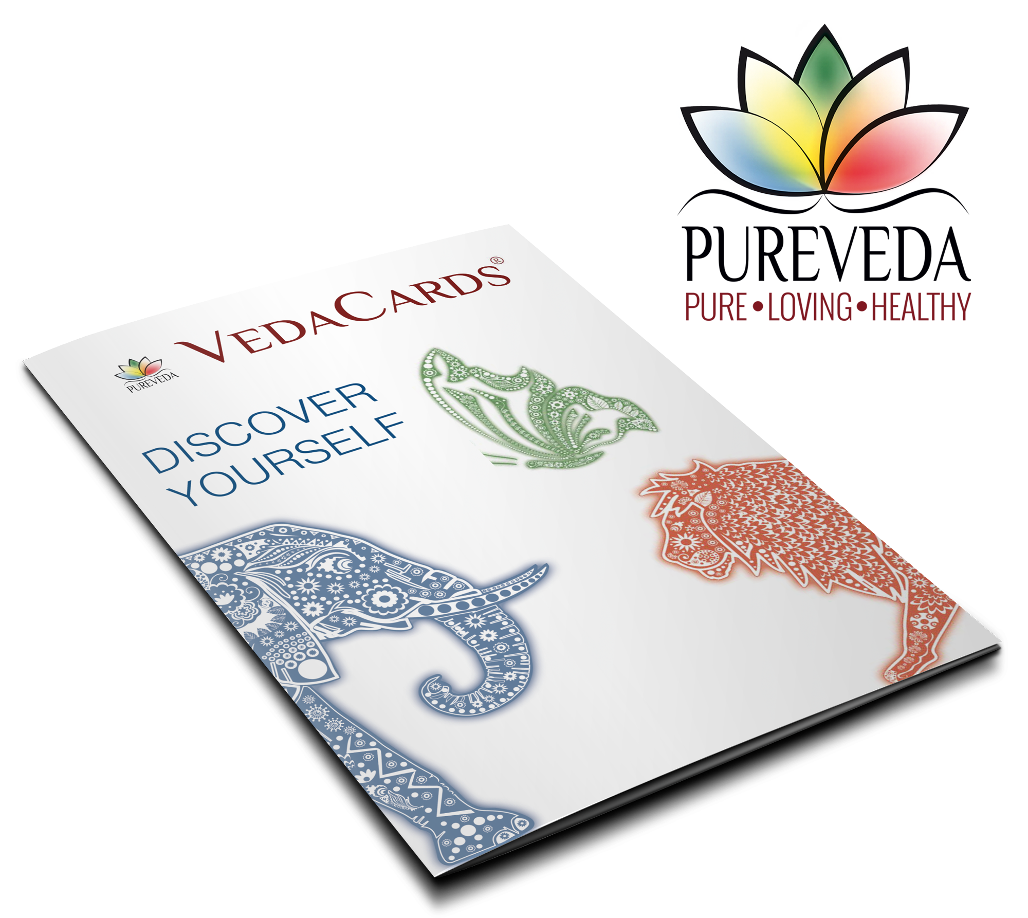 VedaCards – Entdecke dich selbst VedaCards, Kartenset, inspirierendes Design, Elefant und Löwe, bunt, 3D-Perspektive