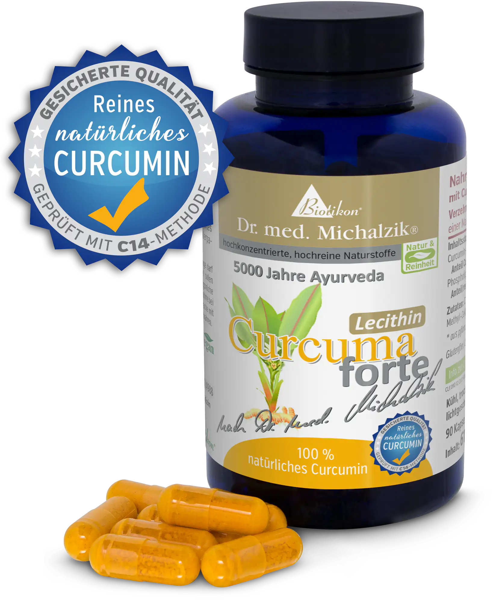 Curcuma forte 500 mg – Kapseln Flasche mit 90 Kapseln Curcuma forte, gelbe Kapseln, Sicht von vorne