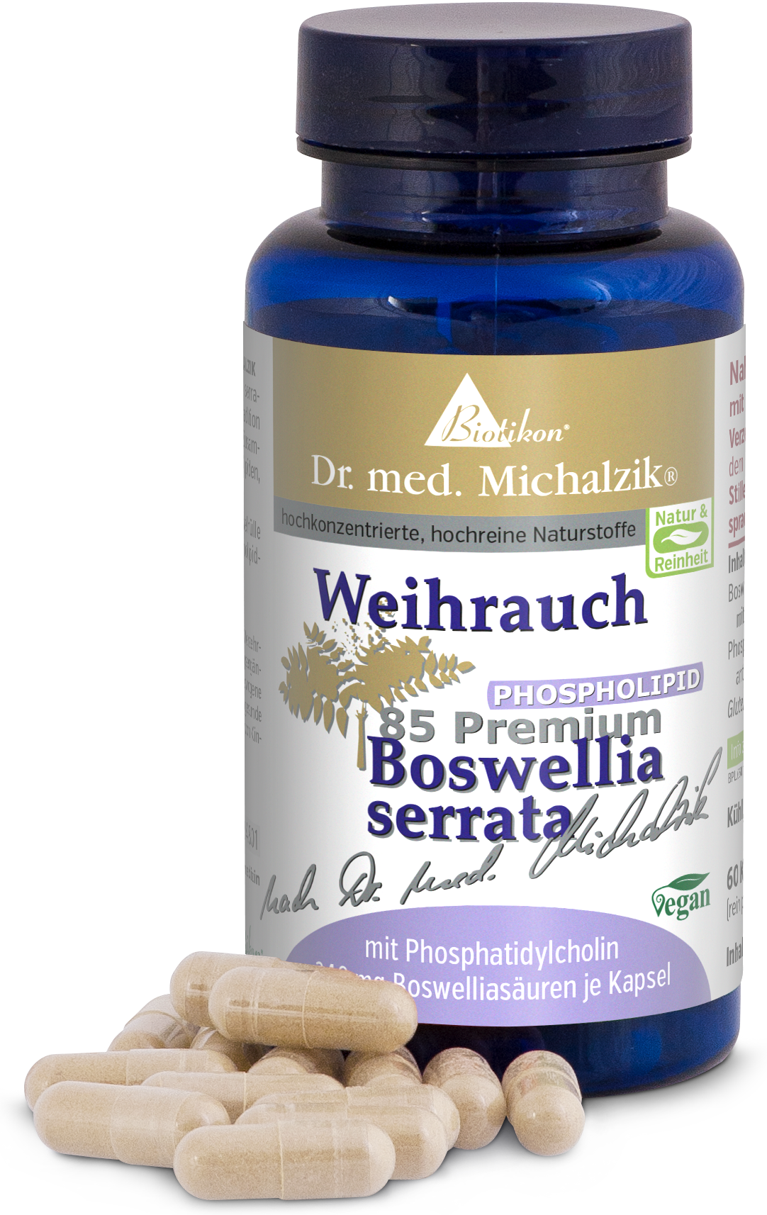 Weihrauch 85 Premium – Kapseln Braune Kapseln in einer blauen Flasche, 60 Stück, Verpackung zeigt Produkteigenschaften.